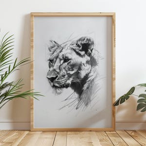 Löwin Kopf Kohle Skizze Wandkunst, Afrikanische Raubkatze Gesicht Bleistift Zeichnung Druck, Katzen Illustration Wohnkultur, Wild Safari Tier Poster
