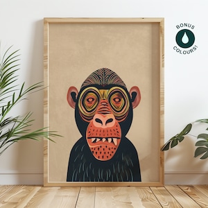 May include: A digital illustration of a monkey's face with a colourful geometric pattern. The monkey has a black face with a red nose and mouth, and yellow and orange eyes. The background is a light brown.