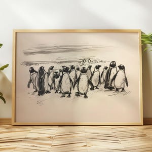 Gentoo Penguins Charcoal Sketch Wall Art, Arctic Seabird Family Pencil Drawing Print, Lindos animales gordos de invierno ilustración cartel de decoración del hogar