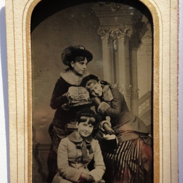 Antique Tin Type Photo in Paper Sleeve-  The Affectionate Trio