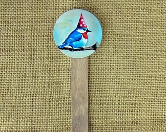 Plant Stick, Blue Bird Wearing Party Hat, Gnome Hat, Indoor Plant Accessory, Plant Poke, Decorative Houseplant Stake, Plant Lover Gift