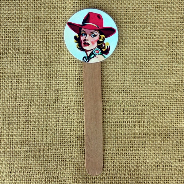 Plant Stick, Cowgirl Wearing Red Cowboy Hat, Indoor Plant Accessory, Plant Poke, Decorative Houseplant Stake, Plant Lover Gift, Mid-Century