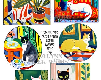 PRINTABLE, Instant Download, Digital Collage Sheet, Clipart, Six Henri Matisse Style Cats Designs, Paper Crafts, Journaling, Mixed Media