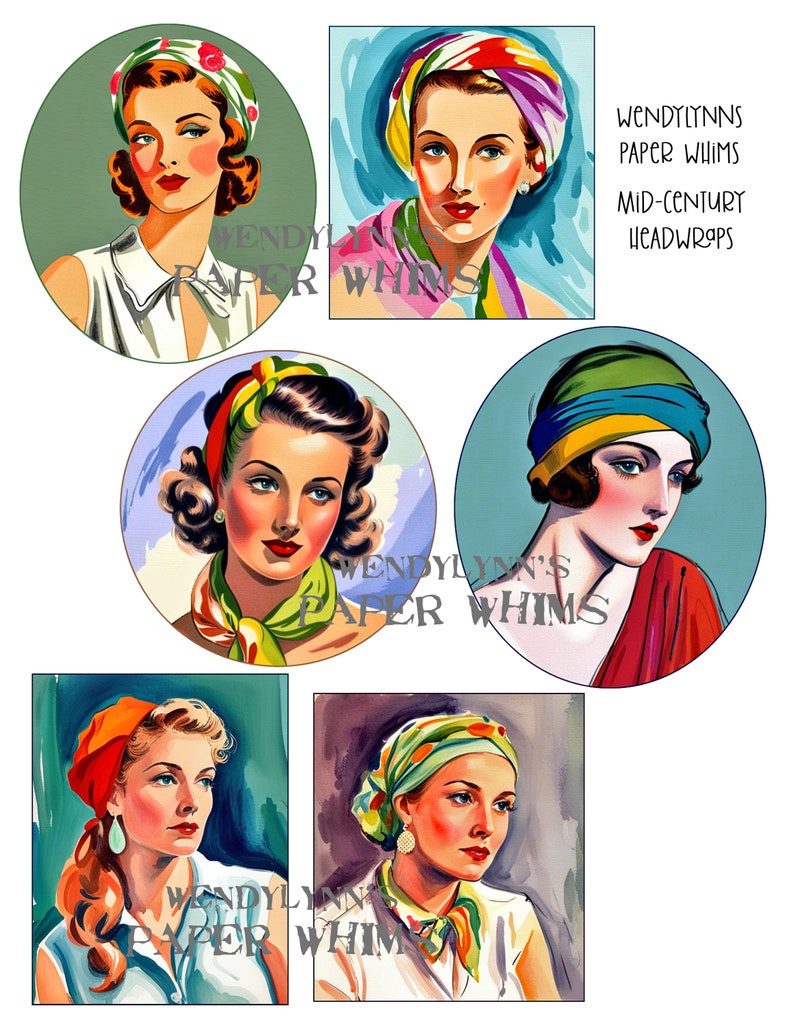 PRINTABLE, Instant Download, Digital Collage Sheet, Clipart, Six Beautiful Woman With Headwraps, Paper Crafts, Junk Journaling, Mixed Media image 1