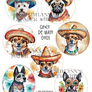 IMPRIMABLE, sept (7) chiens du Cinco de Mayo, téléchargement immédiat, feuille de collage numérique, clipart, chiens Sugar Skull, chapeaux sombrero, créations en papier