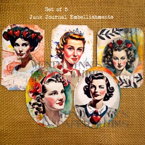 Vintage/Retro Women, Hearts, Crowns, Junk Journal Embellishments, Art Journaling, Scrapbooking, Mixed Media Collage, Handcrafted, OOAK