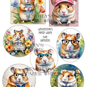 PRINTABLE, Instant Download, Digital Collage Sheet, Seven 7 Cute Hamsters, Hipster Glasses, Pink Ball Cap, Flowers, Clipart, Papercrafts image 1