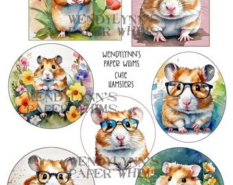 IMPRIMABLE, téléchargement immédiat, feuille de collage numérique, sept (7) hamsters mignons, lunettes hipster, casquette rose, fleurs, cliparts, créations en papier