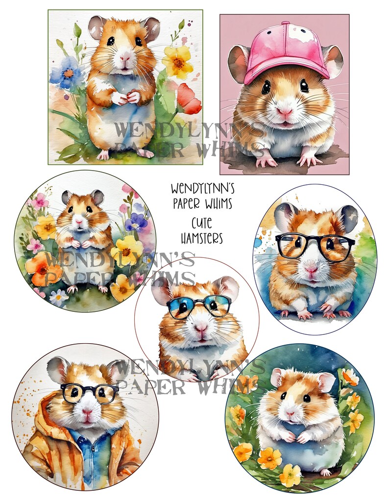 PRINTABLE, Instant Download, Digital Collage Sheet, Seven 7 Cute Hamsters, Hipster Glasses, Pink Ball Cap, Flowers, Clipart, Papercrafts image 1