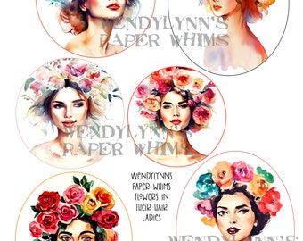 PRINTABLE, Instant Download, Digital Collage Sheet, Clipart, Six Water Color Ladies with Flowers in their Hair Designs, Paper Crafts