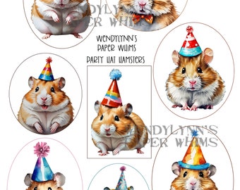 PRINTABLE, Instant Download, Digital Collage Sheet, Eight (8) Hamsters Wearing Pointy Party Hats, Birthday, Watercolor, Clipart, Papercrafts