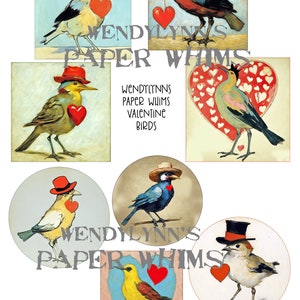 IMPRIMÍVEL, Oito pássaros de São Valentim, Download instantâneo, Folha de colagem digital, Clipart, Corações vermelhos, Artesanato em papel, Diário de lixo