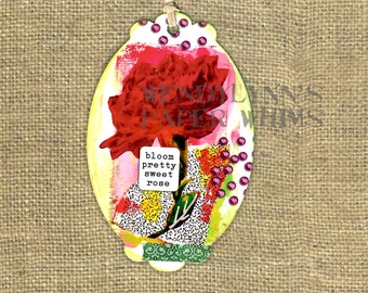 Bookmark, Book Marker, Vintage Wild Rose, Red Rose, Sweet Rose, Blossom, Mixed Media Art, Collage Art, Digital Art Print, Small Gift, Tag