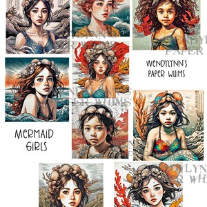 PRINTABLE, Mermaid Girls, Seashells, Instant Download, Digital Collage Sheet, Vintage Illustrations, Mixed Media, Clipart, Junk Journal