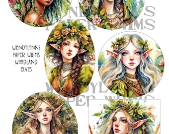 PRINTABLE, Instant Download, Digital Collage Sheet, Clipart, Six Woodland Elves Designs, Paper Crafts, Journaling, Mixed Media