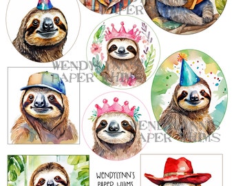 PRINTABLE, Instant Download, Digital Collage Sheet, Nine (9) Sloth Fun, Pink Crowns, Party Hats, Baseball Caps, Reading, Hipster, Cowboy Hat