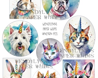 PRINTABLE, Instant Download, Digital Collage Sheet, Clipart, Eight (8) Unicorn Pets, Cat, Dog, Rabbit, Magic, Paper Crafts, Junk Journaling
