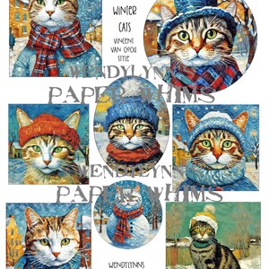 PRINTABLE, Instant Download, Digital Collage Sheet, Clipart, Eight 8 Winter Cats, Vincent Van Gogh Style, Paper Crafting, Junk Journal image 1