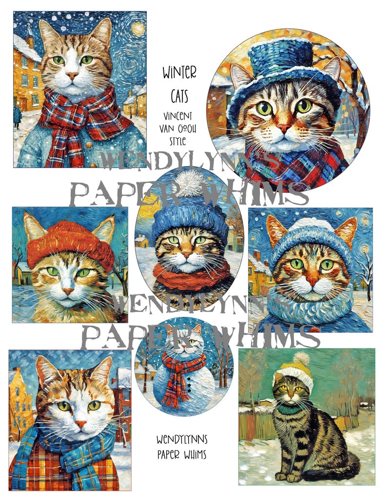 PRINTABLE, Instant Download, Digital Collage Sheet, Clipart, Eight 8 Winter Cats, Vincent Van Gogh Style, Paper Crafting, Junk Journal image 1