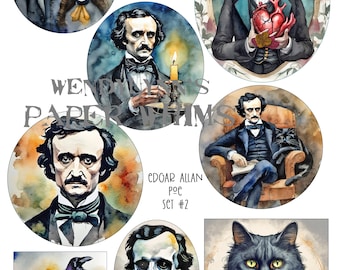 May include: A set of eight digital printable images featuring watercolor illustrations of Edgar Allan Poe, a raven, a cat, and a skull. The text "WENDYLYNNS PAPER WHIMS" and "EDGAR ALLAN POE SET #2" is included in the image.