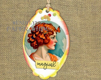 Bookmark, Beautiful Woman with Butterflies in her Hair, Mid-Century, Orange Butterflies, Reader Gift, Nature Lover Gift, Woodland, Magical