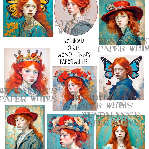 PRINTABLE, Instant Download, Digital Collage Sheet, Clipart, Nine (9) Beautiful Redhead Females, Butterfly Fairies, Crowns, Flowered Hats