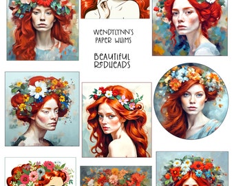 PRINTABLE, Instant Download, Digital Collage Sheet, Clipart, Nine (9) Beautiful Redhead Women Images, Flowers on The Head, Clipart, OOAK