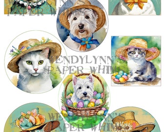 PRINTABLE, Instant Download, Digital Collage Sheet, Clipart, Eight (8) Easter Cats and Dogs, Westie Dog,  Paper Crafting, Journaling