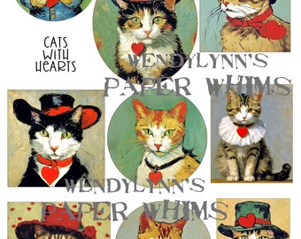 PRINTABLE, Instant Download, Digital Collage, Clipart, Nine (9) Cats with Hearts, Cats in Hats, Red Hearts, Paper Crafts, Junk Journaling