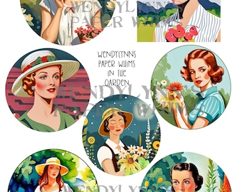 PRINTABLE, Instant Download, Digital Collage Sheet, Clipart, Seven Beautiful Ladies in the Garden Designs, Wild Flowers, Hats, Paper Crafts