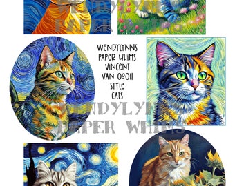 PRINTABLE, Instant Download, Digital Collage Sheet, Clipart, Six Vincent Van Gogh Style Cats Designs, Paper Crafts, Journaling, Mixed Media