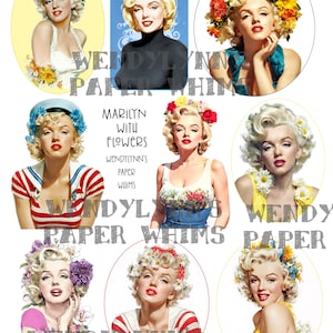May include: A collection of Marilyn Monroe images with floral accents. The images feature the actress in various poses, each adorned with flowers. The text "MARILYN WITH FLOWERS" and "WENDYLYNN'S PAPER WHIMS" are also visible.