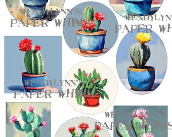 PRINTABLE, Instant Download, Digital Collage Sheet, Clipart, Nine (9) Cactus Plants in Pots, Paper Crafts, Junk Journaling