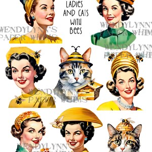 Ladies and Cats with Bees Printable Collage Sheet: Vintage Illustrations (Digital Download)
