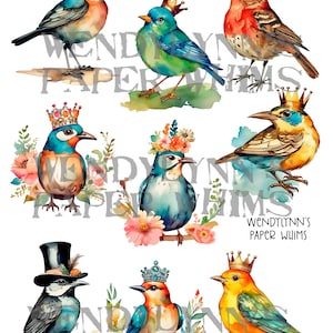 IMPRIMABLE, oiseaux fantaisie avec couronnes, fleurs, chapeaux haut de forme, téléchargement immédiat, feuille de collage numérique, milieu du siècle, aquarelle, clipart, création de papier