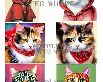 PRINTABLE, Instant Download, Digital Collage Sheet, Cats with Accessories, Red Raincoats, Red Bandana, Red Bowtie, Mid Century Illustrations