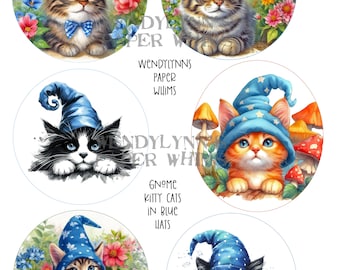 PRINTABLE, Instant Download, Digital Collage Sheet, Six Cats with Blue Gnome/Wizard Hats, Mid Century, Watercolor, Clipart, Papercrafts