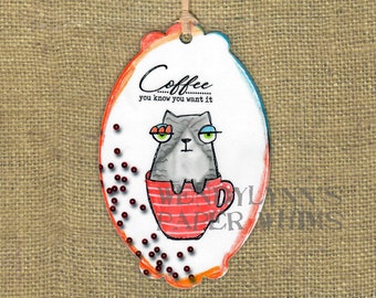 Bookmark, Book Marker, Grey Cat in a Red Cup, Coffee you know you want it, Digital Stamp Design, Mixed Media Art, Feline Lover, Small Gift