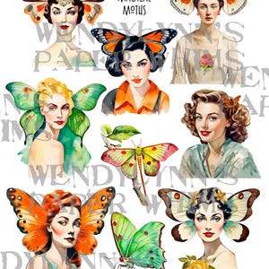 PRINTABLE, zauberhafte Motten Damen, Motten, Feen, Sofort Download, Digital Collage Sheet, Mid Century, Aquarell, Clipart, Papercrafts