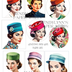 May include: Nine vintage illustrations of women wearing different styles of pillbox hats. The hats are in various colors, including red, green, blue, pink, and yellow. The women are all wearing different outfits, and their hair is styled in a variety of ways. The illustrations are all in a retro style.