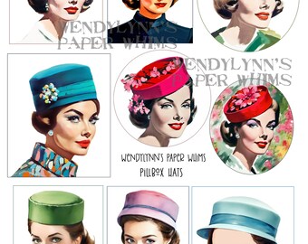 PRINTABLE, Instant Download, Digital Collage Sheet, Clipart, Nine (9) Retro Women Wearing Pillbox Hats, Vintage, 1950s, 1960's, Paper Crafts