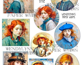 PRINTABLE, Instant Download, Digital Collage Sheet, Clipart, Nine (9) Beautiful Redhead Young Ladies, Toulouse-Lautrec Style, Dogs, Cats