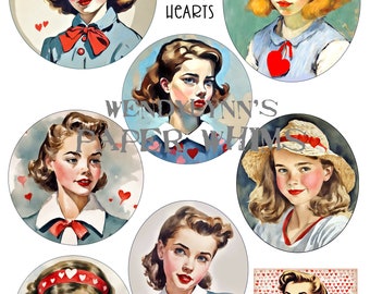 PRINTABLE, Instant Download, Digital Collage Sheet, Clipart, Eight (8) Girls with Hearts, Valentine's Day, Paper Crafts, Junk Journaling