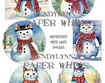 PRINTABLE, Instant Download, Digital Collage Sheet, Clipart, Six (6) Snowcats, Cat Shaped Snowmen,  Paper Crafts, Junk Journaling Supply