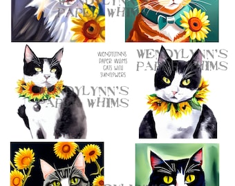 PRINTABLE, Instant Download, Digital Collage Sheet, Cats with Sunflowers, Orange Tabby, Tuxedo Cat, Calico Cat, Green Bowtie, Water Color