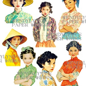 May include: A collage of vintage illustrations featuring Asian women in traditional attire. The images showcase women wearing hats, headscarves, and colorful clothing. Text reads "MID-CENTURY ASIAN FEMALES" and "WENDYLYNN'S PAPER WHIMS".
