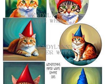 PRINTABLE, Instant Download, Digital Collage Sheet, Six Cats with Gnome Hats, Mid Century Illustration, Watercolor Art, Clipart, Papercrafts