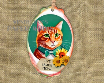 Cat in Green Bowtie Bookmark, Cat Lover Gift, Gift for Reader, Feline Lover, Mixed Media, Live, Laugh, Meow, Orange Tiger Cat, Tabby Cat