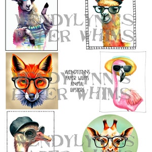 PRINTABLE, Instant Download, Digital Collage Sheet, Animal Hipsters, Alpacha, Llama, Red Fox, Pink Flamingo, Ostrich, Giraffe, Hats, Glasses image 1