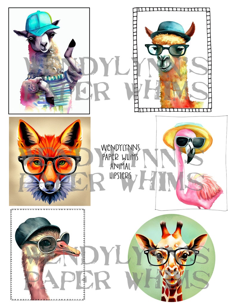 PRINTABLE, Instant Download, Digital Collage Sheet, Animal Hipsters, Alpacha, Llama, Red Fox, Pink Flamingo, Ostrich, Giraffe, Hats, Glasses image 1